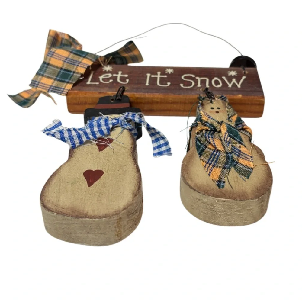 Vintage Snowman Ornaments Let It Snow Hand Painted Wooden Winter Christmas Decor
